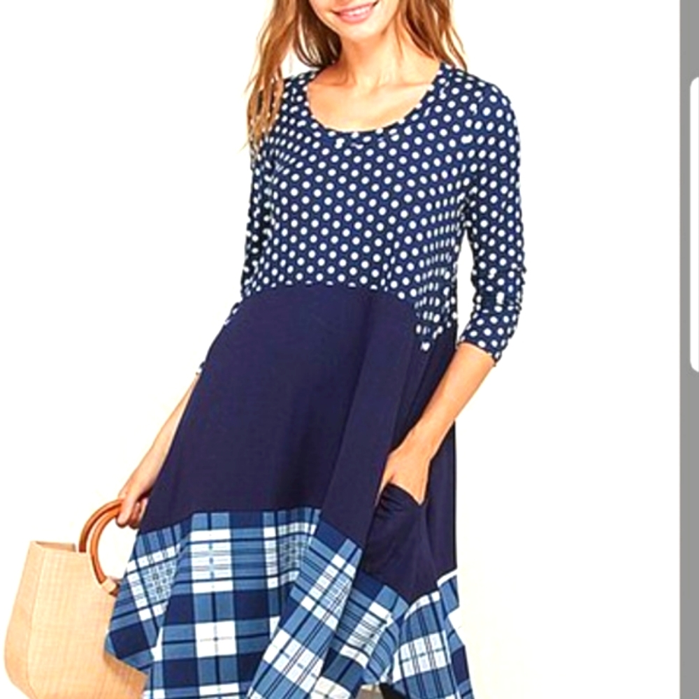 🩵💙Frumos 💙🩵Navy Plaid PolkaDot Color Block Tunic Dress Great Price
